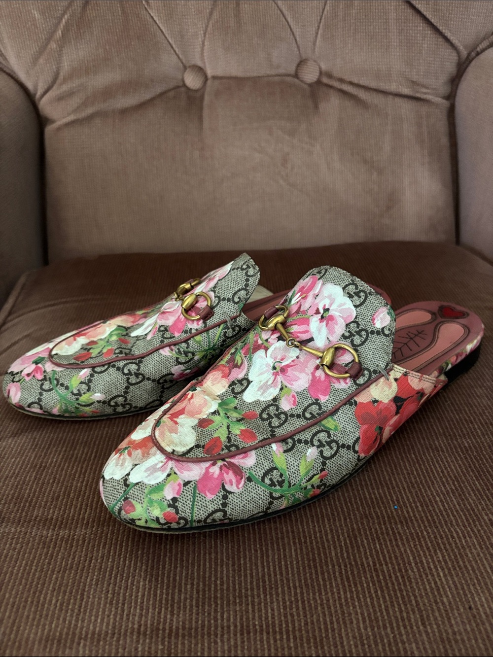 Gucci Blooms Horsebit Princetown Mules GG Floral Canvas Leather Slip On Pink Tan - Picture 14 of 17